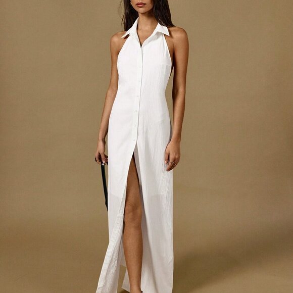 White Elegant Womens Halter Neck Sleeveless Buttoned Waist Line Maxi Shirt Dress - Picture 1 of 7